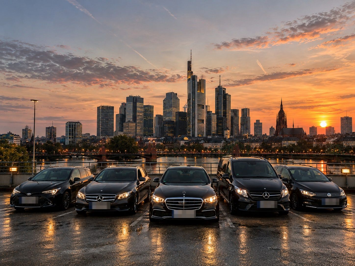 Fahrzeuge der MainRide-Flotte in der Abenddämmerung vor der Frankfurter Skyline